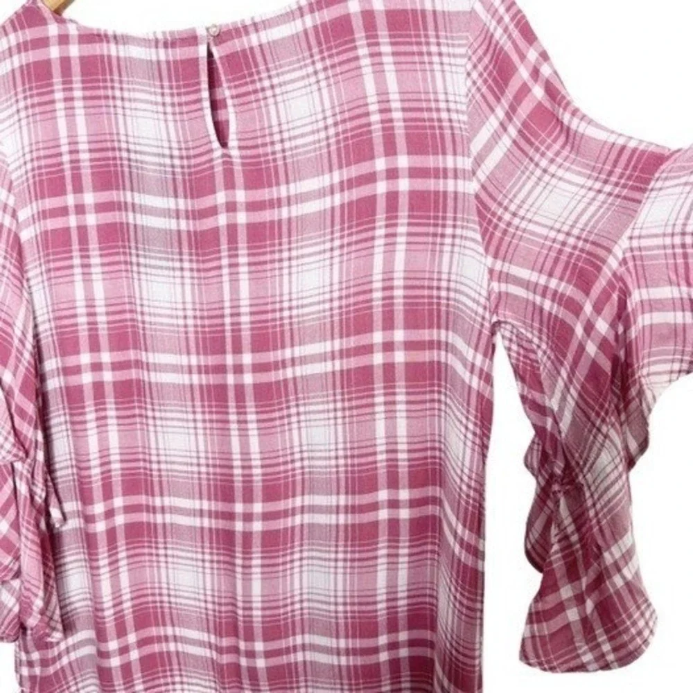 Chaps Womens NWT Pink Plaid Ruffle Tiered Sleeve Blouse Top Size Medium‎ NEW